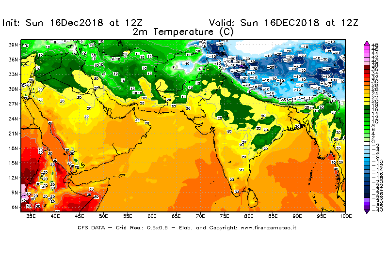 Mappa di analisi GFS - Temperatura a 2 metri dal suolo [°C] in Asia Sud-Occidentale
							del 16/12/2018 12 <!--googleoff: index-->UTC<!--googleon: index-->