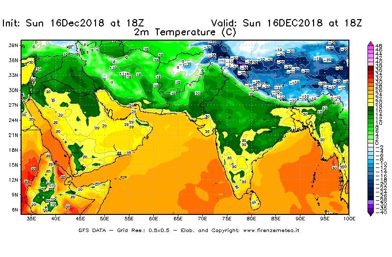 Mappa di analisi GFS - Temperatura a 2 metri dal suolo [°C] in Asia Sud-Occidentale
							del 16/12/2018 18 <!--googleoff: index-->UTC<!--googleon: index-->