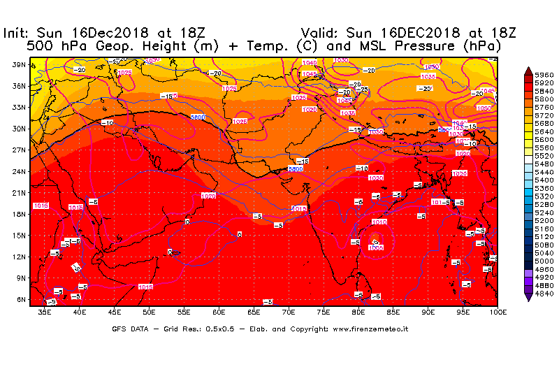 Mappa di analisi GFS - Geopotenziale [m] + Temp. [°C] a 500 hPa + Press. a livello del mare [hPa] in Asia Sud-Occidentale
							del 16/12/2018 18 <!--googleoff: index-->UTC<!--googleon: index-->