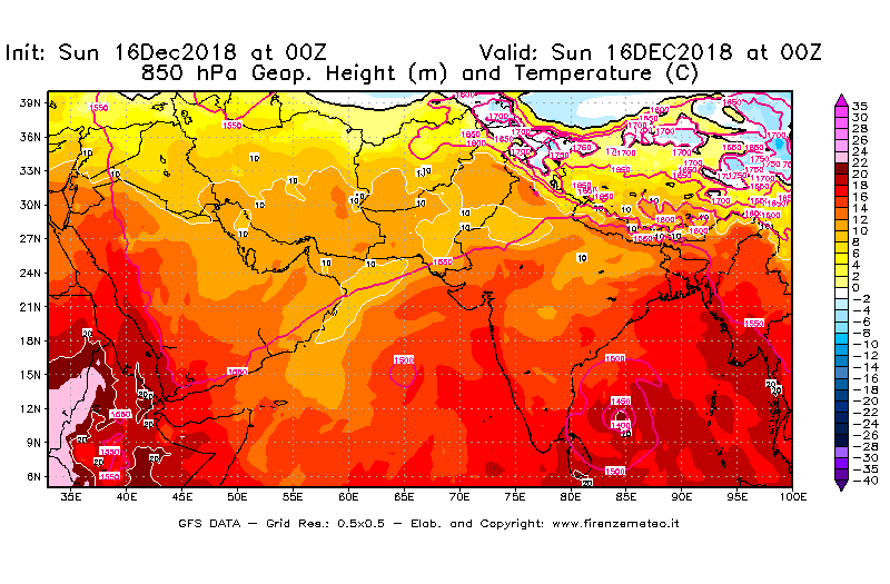 Mappa di analisi GFS - Geopotenziale [m] e Temperatura [°C] a 850 hPa in Asia Sud-Occidentale
							del 16/12/2018 00 <!--googleoff: index-->UTC<!--googleon: index-->