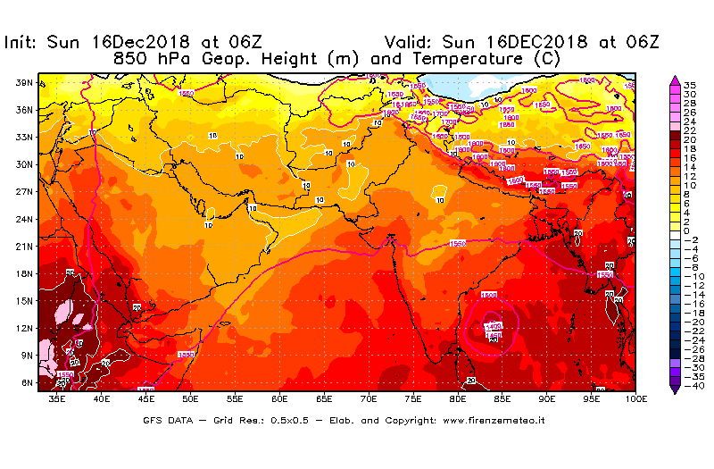 Mappa di analisi GFS - Geopotenziale [m] e Temperatura [°C] a 850 hPa in Asia Sud-Occidentale
							del 16/12/2018 06 <!--googleoff: index-->UTC<!--googleon: index-->