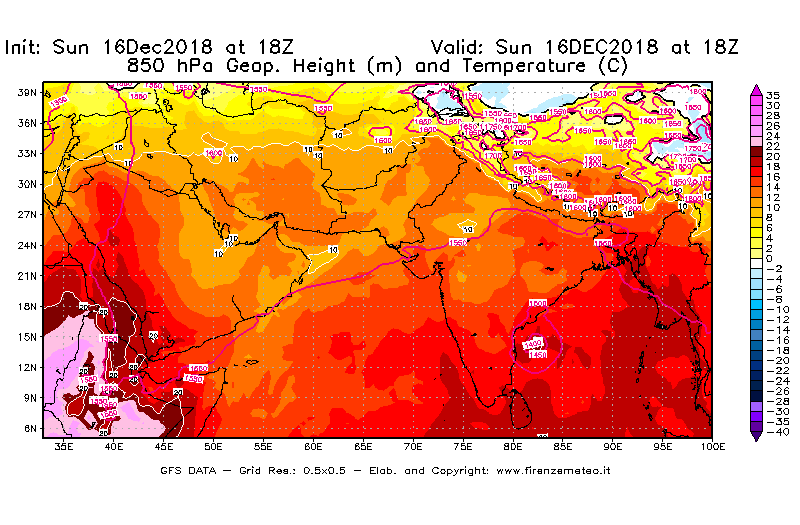 Mappa di analisi GFS - Geopotenziale [m] e Temperatura [°C] a 850 hPa in Asia Sud-Occidentale
							del 16/12/2018 18 <!--googleoff: index-->UTC<!--googleon: index-->