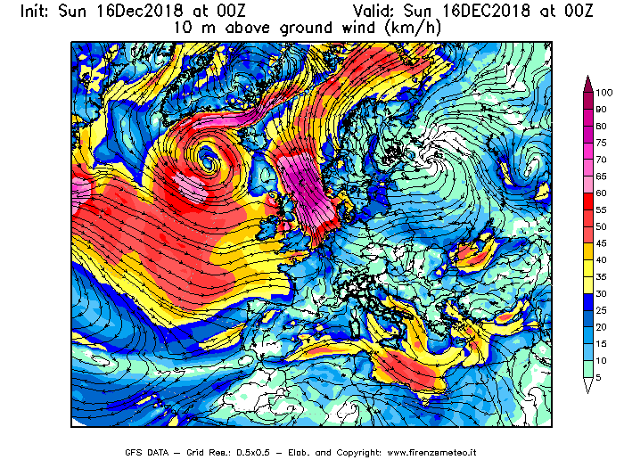 Mappa di analisi GFS - Velocità del vento a 10 metri dal suolo [km/h] in Europa
							del 16/12/2018 00 <!--googleoff: index-->UTC<!--googleon: index-->