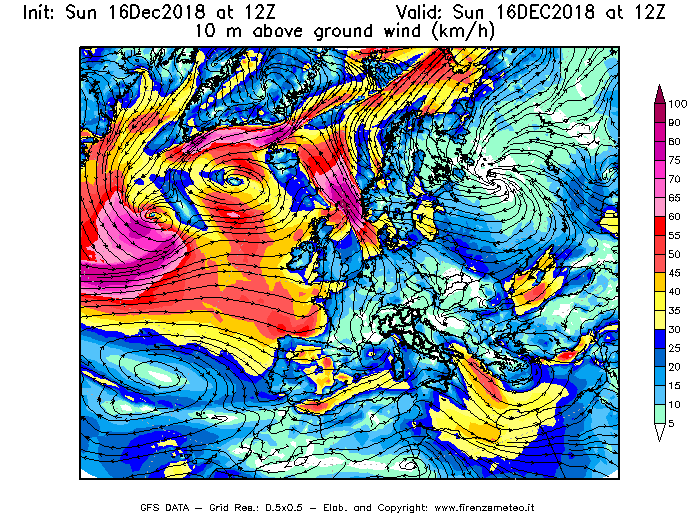 Mappa di analisi GFS - Velocità del vento a 10 metri dal suolo [km/h] in Europa
							del 16/12/2018 12 <!--googleoff: index-->UTC<!--googleon: index-->