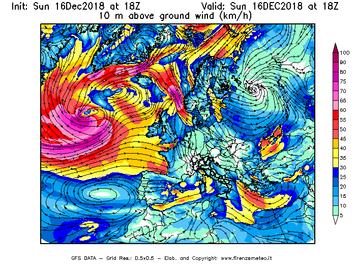 Mappa di analisi GFS - Velocità del vento a 10 metri dal suolo [km/h] in Europa
							del 16/12/2018 18 <!--googleoff: index-->UTC<!--googleon: index-->