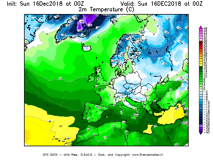 Mappa di analisi GFS - Temperatura a 2 metri dal suolo [°C] in Europa
							del 16/12/2018 00 <!--googleoff: index-->UTC<!--googleon: index-->