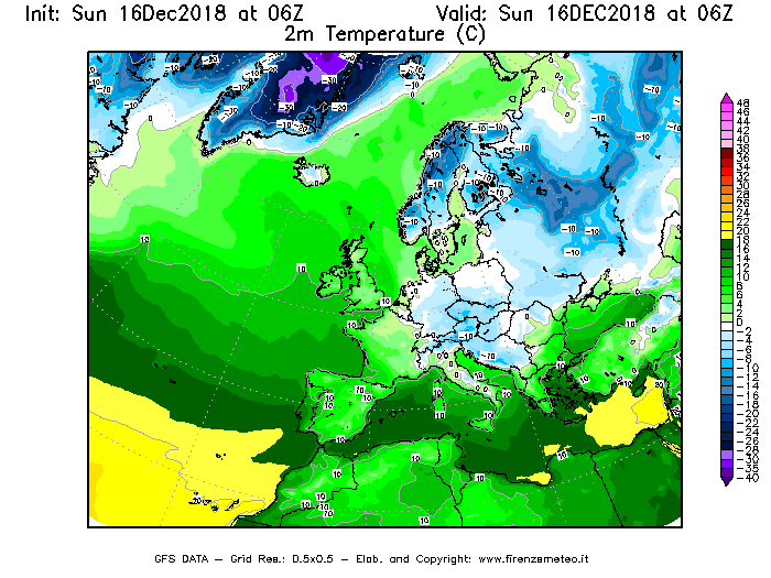Mappa di analisi GFS - Temperatura a 2 metri dal suolo [°C] in Europa
							del 16/12/2018 06 <!--googleoff: index-->UTC<!--googleon: index-->