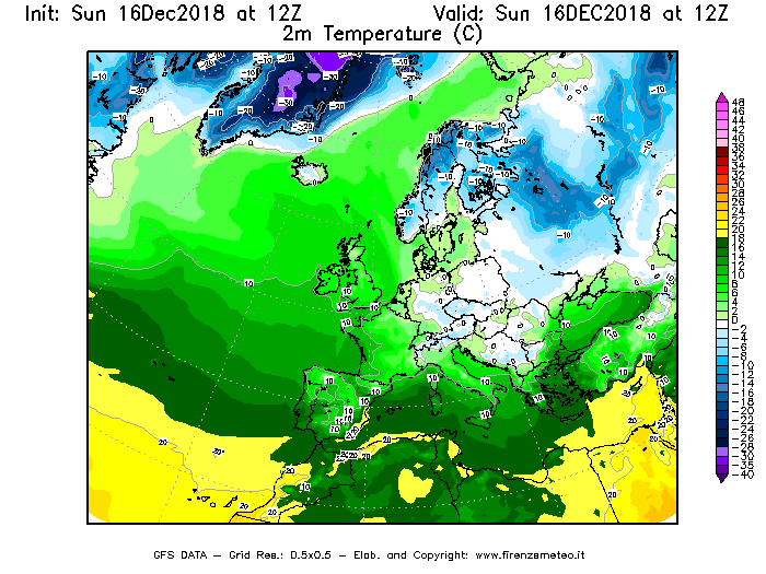 Mappa di analisi GFS - Temperatura a 2 metri dal suolo [°C] in Europa
							del 16/12/2018 12 <!--googleoff: index-->UTC<!--googleon: index-->