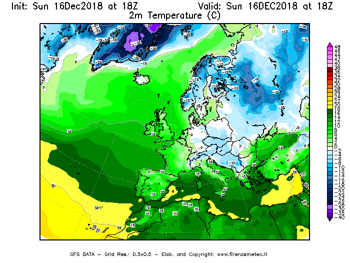 Mappa di analisi GFS - Temperatura a 2 metri dal suolo [°C] in Europa
							del 16/12/2018 18 <!--googleoff: index-->UTC<!--googleon: index-->