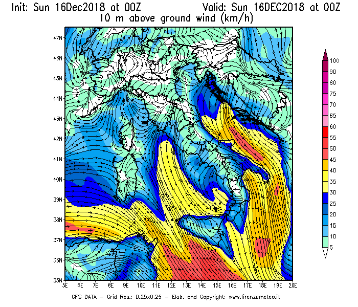 Mappa di analisi GFS - Velocità del vento a 10 metri dal suolo [km/h] in Italia
							del 16/12/2018 00 <!--googleoff: index-->UTC<!--googleon: index-->