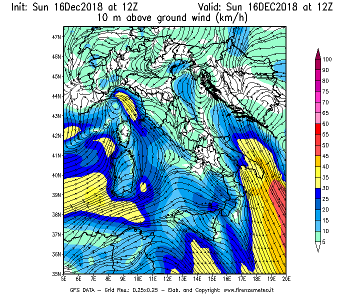 Mappa di analisi GFS - Velocità del vento a 10 metri dal suolo [km/h] in Italia
							del 16/12/2018 12 <!--googleoff: index-->UTC<!--googleon: index-->