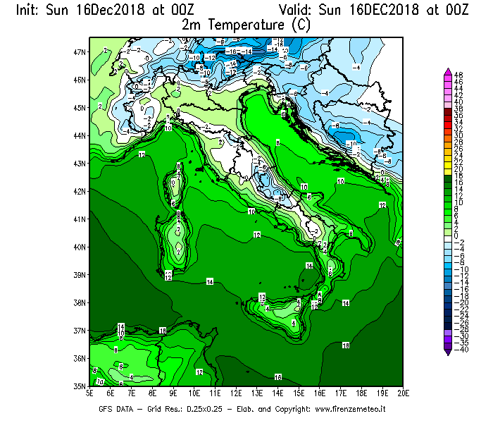 Mappa di analisi GFS - Temperatura a 2 metri dal suolo [°C] in Italia
							del 16/12/2018 00 <!--googleoff: index-->UTC<!--googleon: index-->