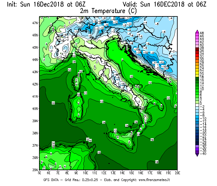 Mappa di analisi GFS - Temperatura a 2 metri dal suolo [°C] in Italia
							del 16/12/2018 06 <!--googleoff: index-->UTC<!--googleon: index-->