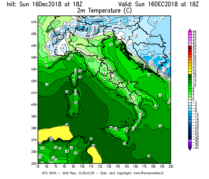 Mappa di analisi GFS - Temperatura a 2 metri dal suolo [°C] in Italia
							del 16/12/2018 18 <!--googleoff: index-->UTC<!--googleon: index-->