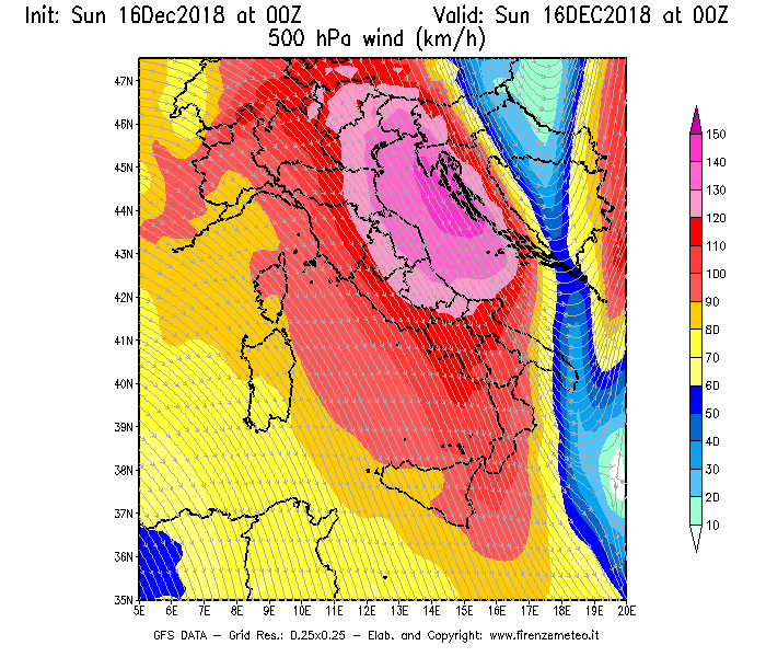 Mappa di analisi GFS - Velocità del vento a 500 hPa [km/h] in Italia
							del 16/12/2018 00 <!--googleoff: index-->UTC<!--googleon: index-->