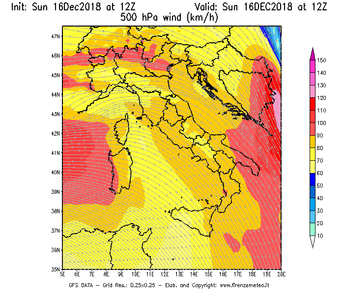 Mappa di analisi GFS - Velocità del vento a 500 hPa [km/h] in Italia
							del 16/12/2018 12 <!--googleoff: index-->UTC<!--googleon: index-->