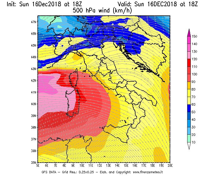 Mappa di analisi GFS - Velocità del vento a 500 hPa [km/h] in Italia
							del 16/12/2018 18 <!--googleoff: index-->UTC<!--googleon: index-->