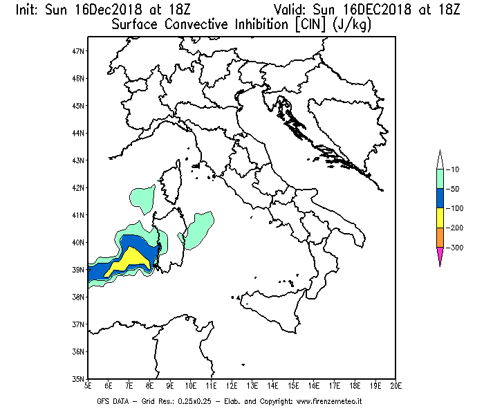 Mappa di analisi GFS - CIN [J/kg] in Italia
							del 16/12/2018 18 <!--googleoff: index-->UTC<!--googleon: index-->