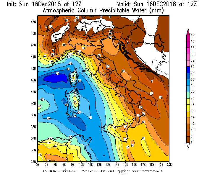 Mappa di analisi GFS - Precipitable Water [mm] in Italia
							del 16/12/2018 12 <!--googleoff: index-->UTC<!--googleon: index-->