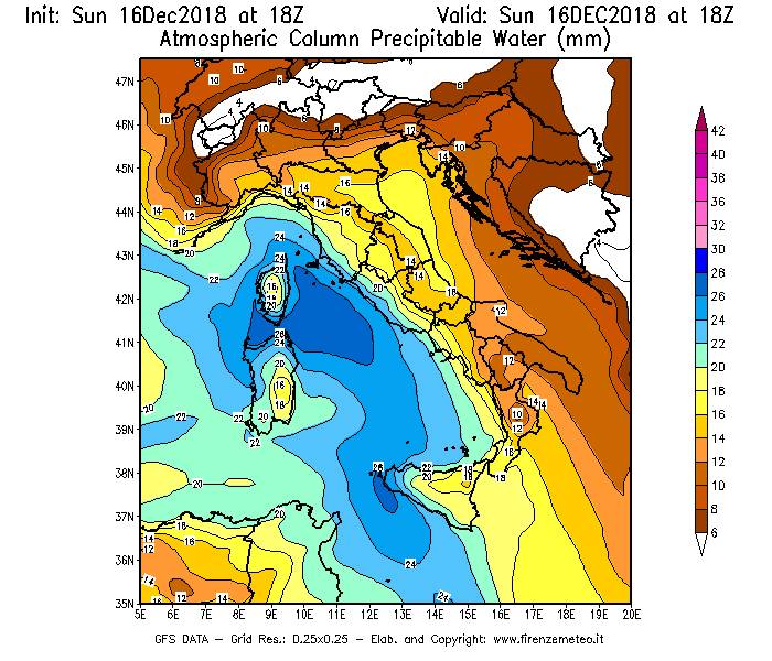 Mappa di analisi GFS - Precipitable Water [mm] in Italia
							del 16/12/2018 18 <!--googleoff: index-->UTC<!--googleon: index-->