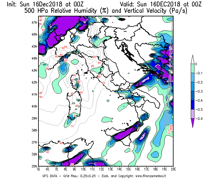 Mappa di analisi GFS - Umidità relativa [%] e Omega [Pa/s] a 500 hPa in Italia
							del 16/12/2018 00 <!--googleoff: index-->UTC<!--googleon: index-->