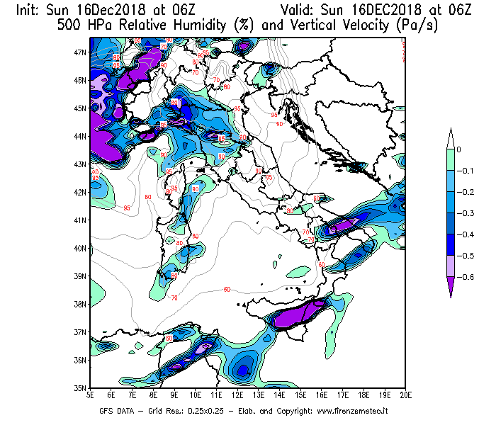 Mappa di analisi GFS - Umidità relativa [%] e Omega [Pa/s] a 500 hPa in Italia
							del 16/12/2018 06 <!--googleoff: index-->UTC<!--googleon: index-->