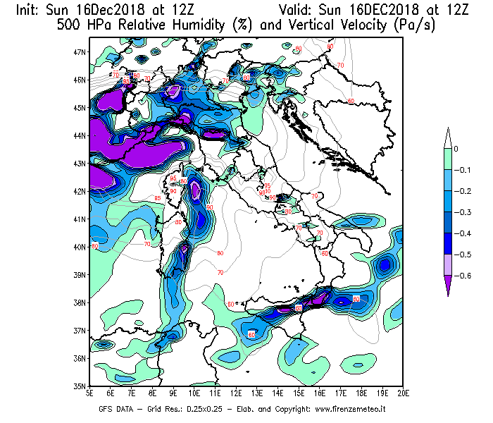 Mappa di analisi GFS - Umidità relativa [%] e Omega [Pa/s] a 500 hPa in Italia
							del 16/12/2018 12 <!--googleoff: index-->UTC<!--googleon: index-->