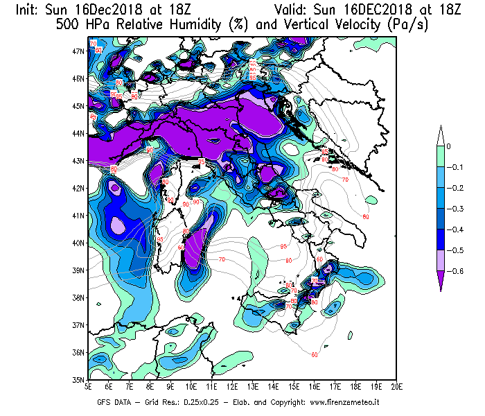 Mappa di analisi GFS - Umidità relativa [%] e Omega [Pa/s] a 500 hPa in Italia
							del 16/12/2018 18 <!--googleoff: index-->UTC<!--googleon: index-->