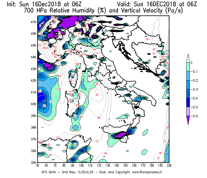 Mappa di analisi GFS - Umidità relativa [%] e Omega [Pa/s] a 700 hPa in Italia
							del 16/12/2018 06 <!--googleoff: index-->UTC<!--googleon: index-->