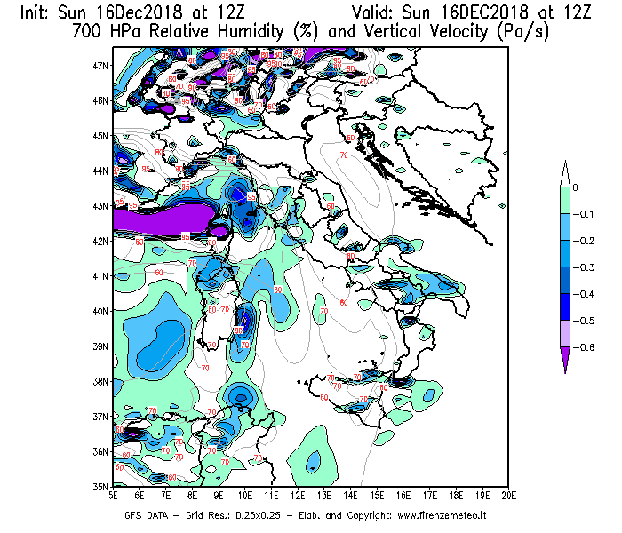 Mappa di analisi GFS - Umidità relativa [%] e Omega [Pa/s] a 700 hPa in Italia
							del 16/12/2018 12 <!--googleoff: index-->UTC<!--googleon: index-->