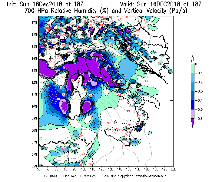 Mappa di analisi GFS - Umidità relativa [%] e Omega [Pa/s] a 700 hPa in Italia
							del 16/12/2018 18 <!--googleoff: index-->UTC<!--googleon: index-->