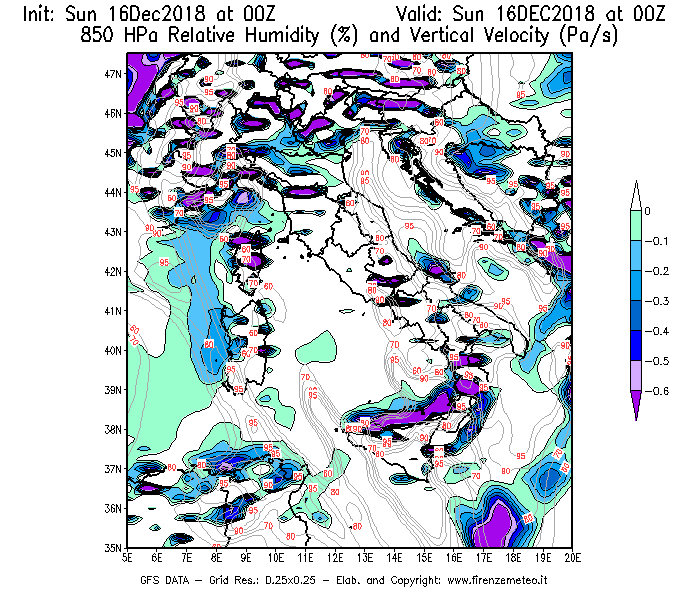 Mappa di analisi GFS - Umidità relativa [%] e Omega [Pa/s] a 850 hPa in Italia
							del 16/12/2018 00 <!--googleoff: index-->UTC<!--googleon: index-->