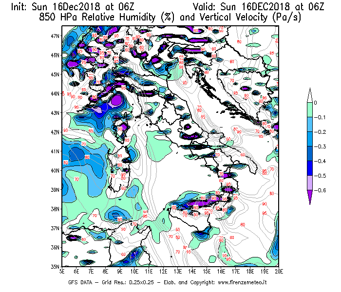 Mappa di analisi GFS - Umidità relativa [%] e Omega [Pa/s] a 850 hPa in Italia
							del 16/12/2018 06 <!--googleoff: index-->UTC<!--googleon: index-->