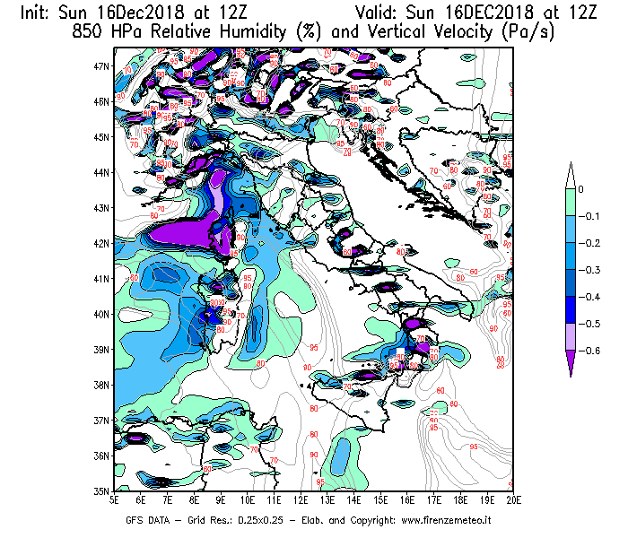Mappa di analisi GFS - Umidità relativa [%] e Omega [Pa/s] a 850 hPa in Italia
							del 16/12/2018 12 <!--googleoff: index-->UTC<!--googleon: index-->