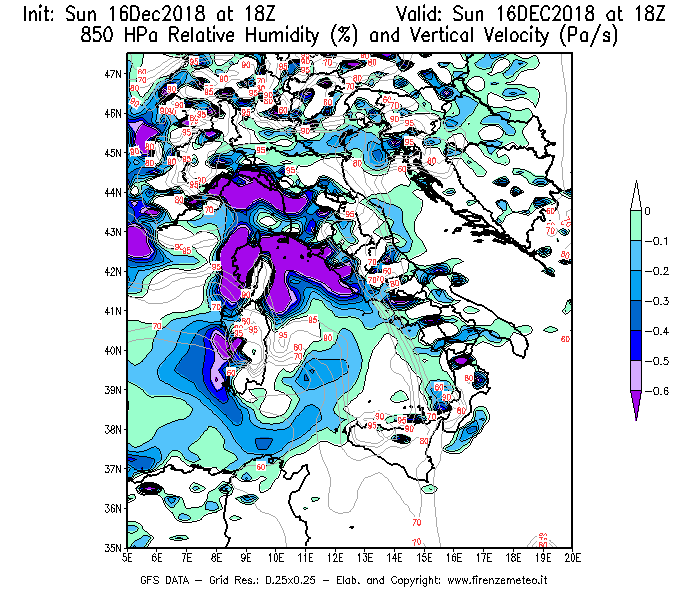 Mappa di analisi GFS - Umidità relativa [%] e Omega [Pa/s] a 850 hPa in Italia
							del 16/12/2018 18 <!--googleoff: index-->UTC<!--googleon: index-->