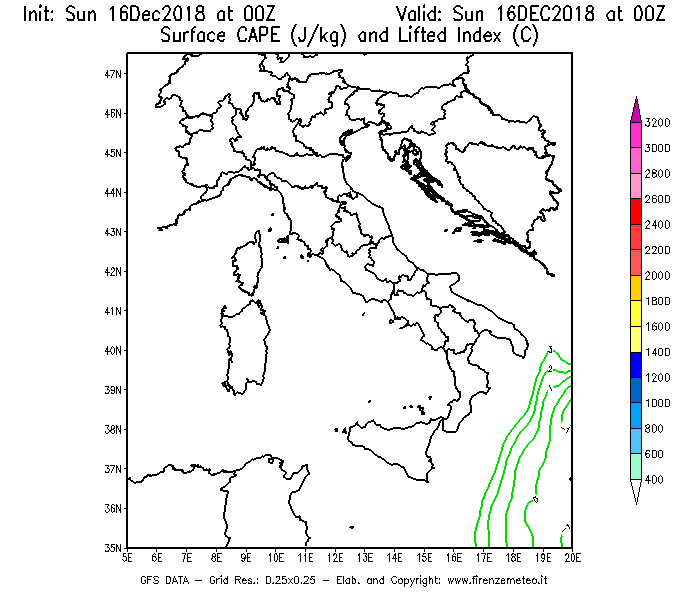 Mappa di analisi GFS - CAPE [J/kg] e Lifted Index [°C] in Italia
							del 16/12/2018 00 <!--googleoff: index-->UTC<!--googleon: index-->