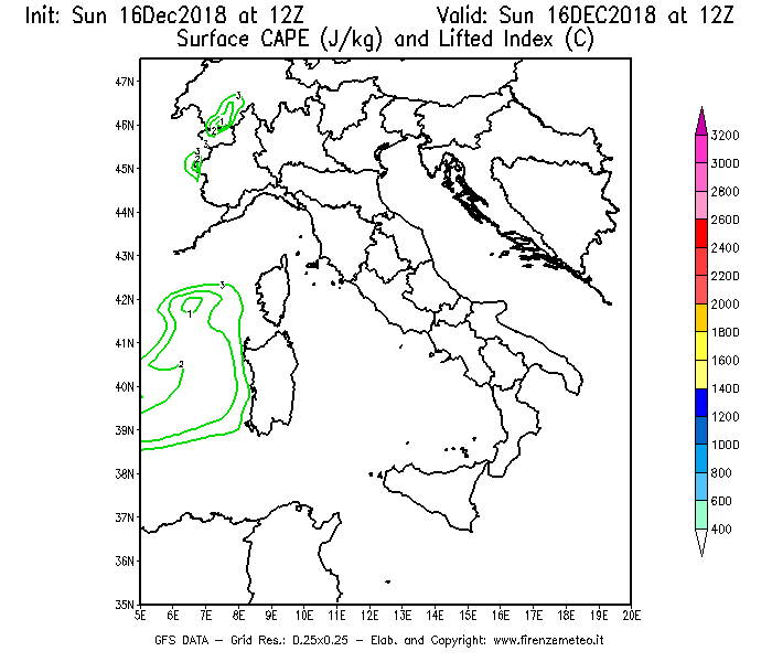 Mappa di analisi GFS - CAPE [J/kg] e Lifted Index [°C] in Italia
							del 16/12/2018 12 <!--googleoff: index-->UTC<!--googleon: index-->