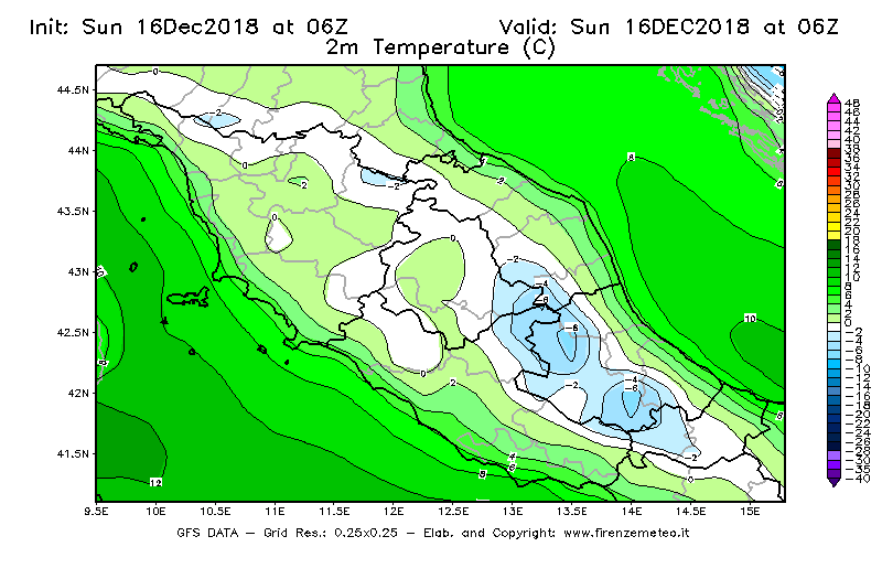 Mappa di analisi GFS - Temperatura a 2 metri dal suolo [°C] in Centro-Italia
							del 16/12/2018 06 <!--googleoff: index-->UTC<!--googleon: index-->