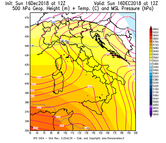 Mappa di analisi GFS - Geopotenziale [m] + Temp. [°C] a 500 hPa + Press. a livello del mare [hPa] in Italia
							del 16/12/2018 12 <!--googleoff: index-->UTC<!--googleon: index-->