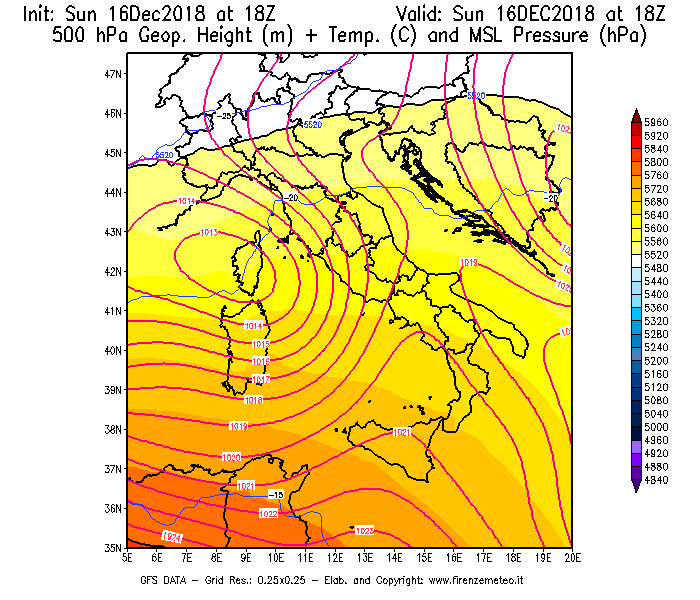 Mappa di analisi GFS - Geopotenziale [m] + Temp. [°C] a 500 hPa + Press. a livello del mare [hPa] in Italia
							del 16/12/2018 18 <!--googleoff: index-->UTC<!--googleon: index-->