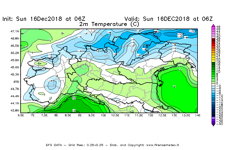 Mappa di analisi GFS - Temperatura a 2 metri dal suolo [°C] in Nord-Italia
							del 16/12/2018 06 <!--googleoff: index-->UTC<!--googleon: index-->