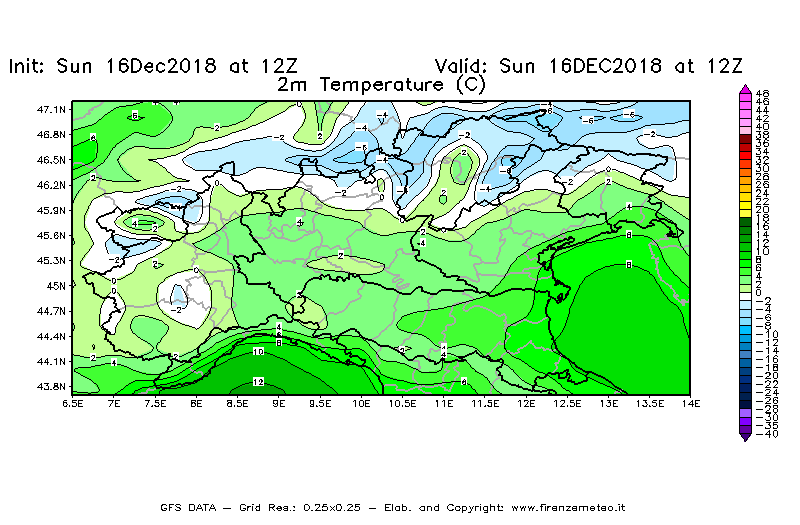 Mappa di analisi GFS - Temperatura a 2 metri dal suolo [°C] in Nord-Italia
							del 16/12/2018 12 <!--googleoff: index-->UTC<!--googleon: index-->