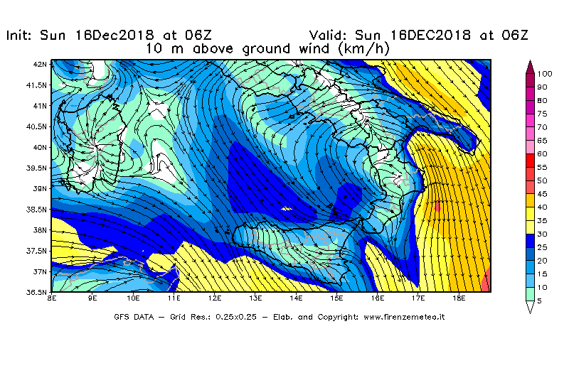 Mappa di analisi GFS - Velocità del vento a 10 metri dal suolo [km/h] in Sud-Italia
							del 16/12/2018 06 <!--googleoff: index-->UTC<!--googleon: index-->