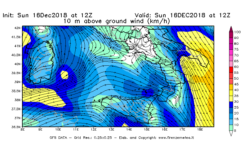 Mappa di analisi GFS - Velocità del vento a 10 metri dal suolo [km/h] in Sud-Italia
							del 16/12/2018 12 <!--googleoff: index-->UTC<!--googleon: index-->