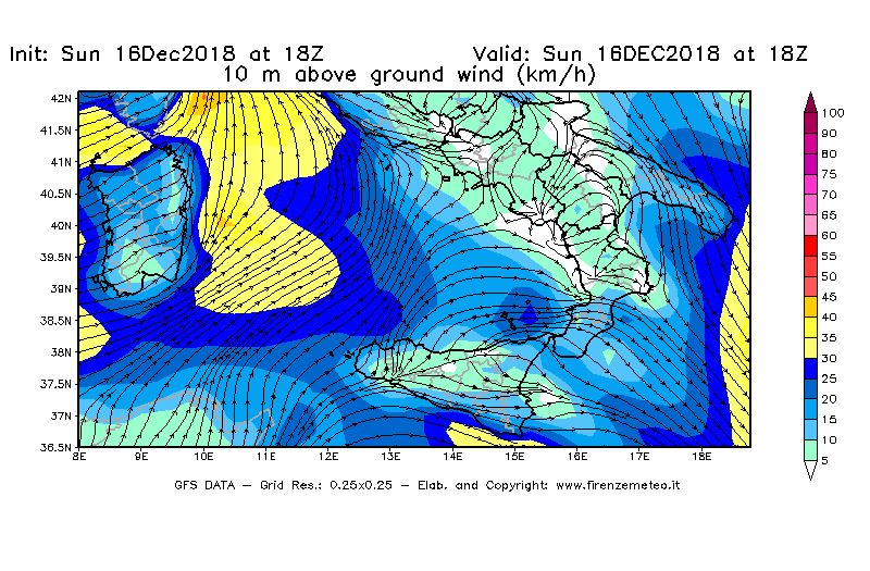 Mappa di analisi GFS - Velocità del vento a 10 metri dal suolo [km/h] in Sud-Italia
							del 16/12/2018 18 <!--googleoff: index-->UTC<!--googleon: index-->