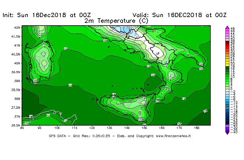 Mappa di analisi GFS - Temperatura a 2 metri dal suolo [°C] in Sud-Italia
							del 16/12/2018 00 <!--googleoff: index-->UTC<!--googleon: index-->