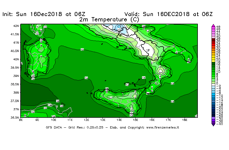Mappa di analisi GFS - Temperatura a 2 metri dal suolo [°C] in Sud-Italia
							del 16/12/2018 06 <!--googleoff: index-->UTC<!--googleon: index-->