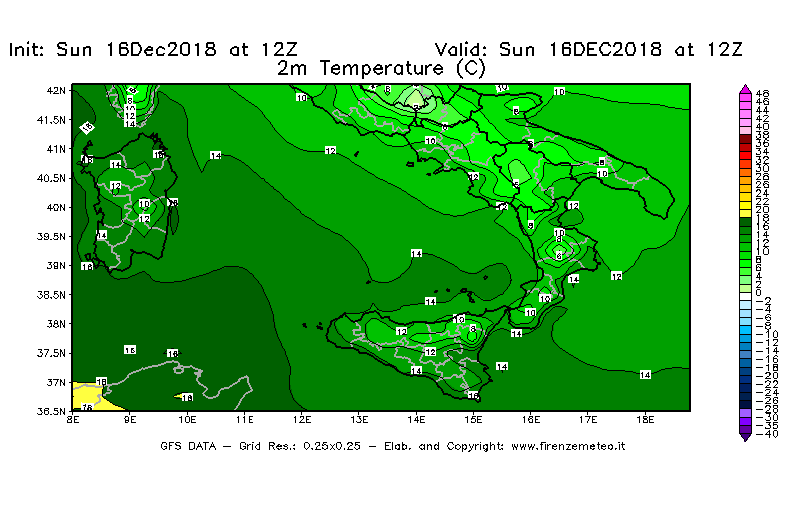 Mappa di analisi GFS - Temperatura a 2 metri dal suolo [°C] in Sud-Italia
							del 16/12/2018 12 <!--googleoff: index-->UTC<!--googleon: index-->