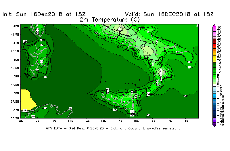 Mappa di analisi GFS - Temperatura a 2 metri dal suolo [°C] in Sud-Italia
							del 16/12/2018 18 <!--googleoff: index-->UTC<!--googleon: index-->