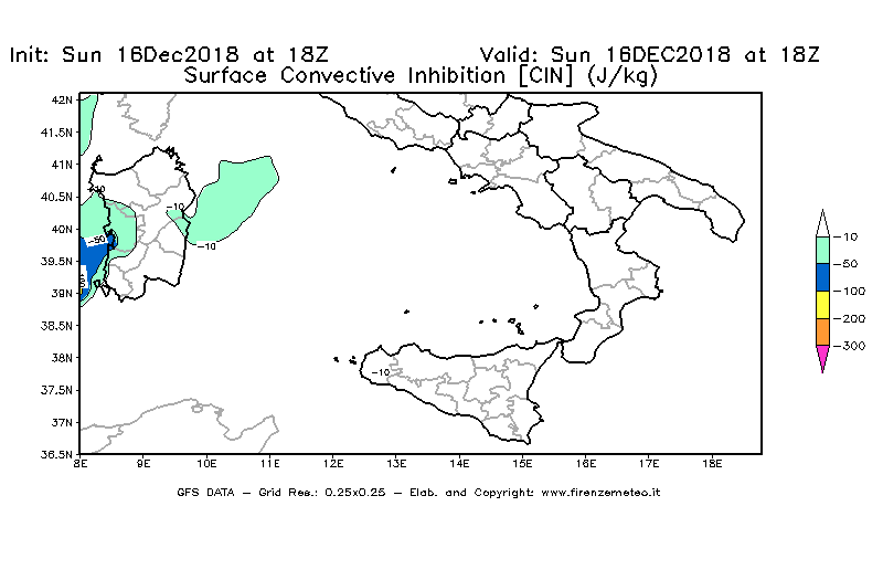 Mappa di analisi GFS - CIN [J/kg] in Sud-Italia
							del 16/12/2018 18 <!--googleoff: index-->UTC<!--googleon: index-->